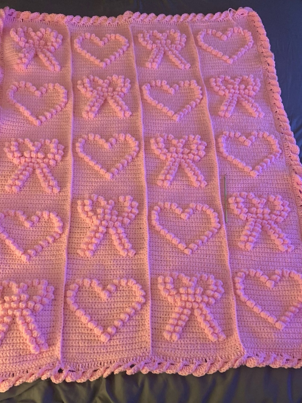 Hand Crafted Pink Crochet Heart & Bow Baby Blanket